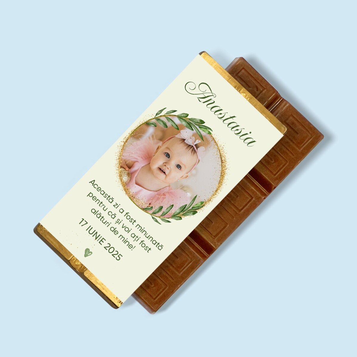 Mini tabletă de ciocolată mărturie personalizată cu poză și mesaj pentru botez