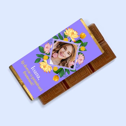 Mini tabletă de ciocolată personalizată cu mesaj și poză - Primăvară frumoasă