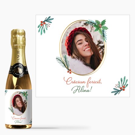 Mini sticluță de vin spumant personalizat cu poză și text de Crăciun