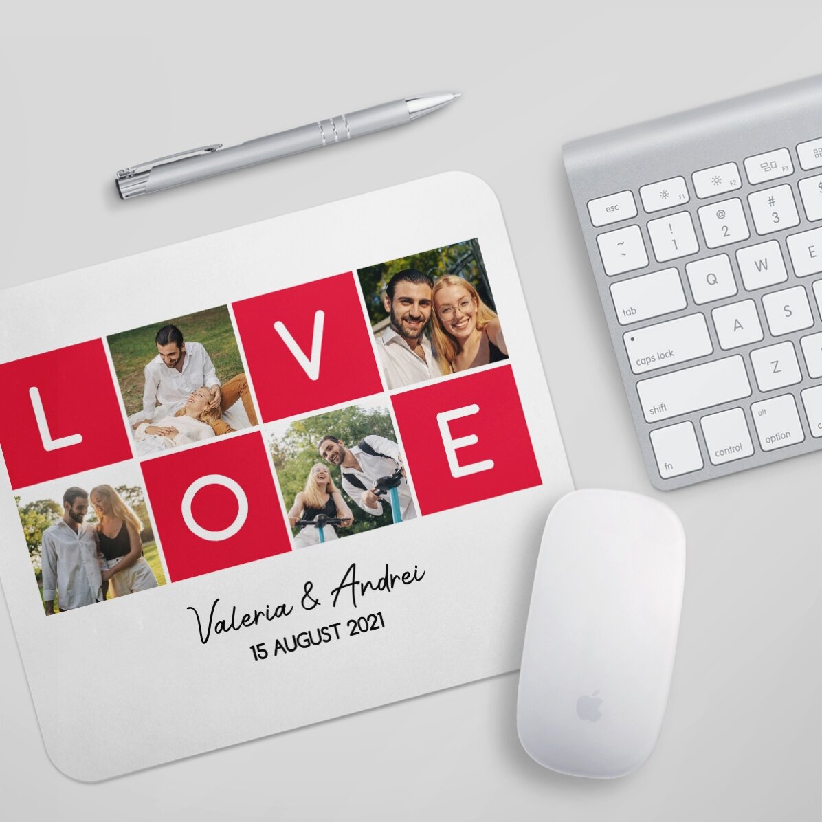 Mouse pad personalizat cu 4 fotografii și text - LOVE