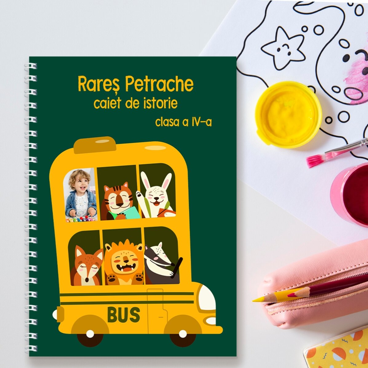 Notebook personalizat cu o poză și text - Autobuz