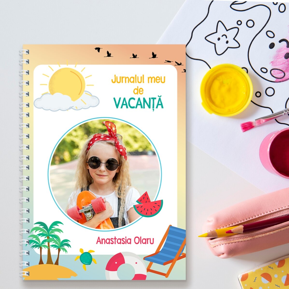 Notebook personalizat cu o poză și text - Jurnal de vacanță