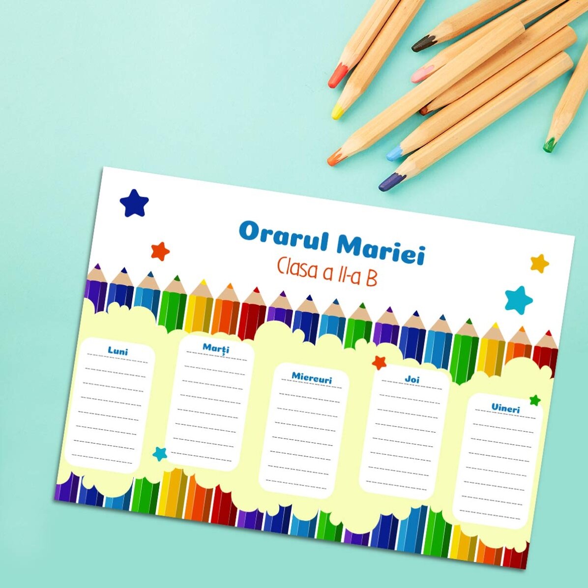 Orar personalizat cu text - Creioane colorate 