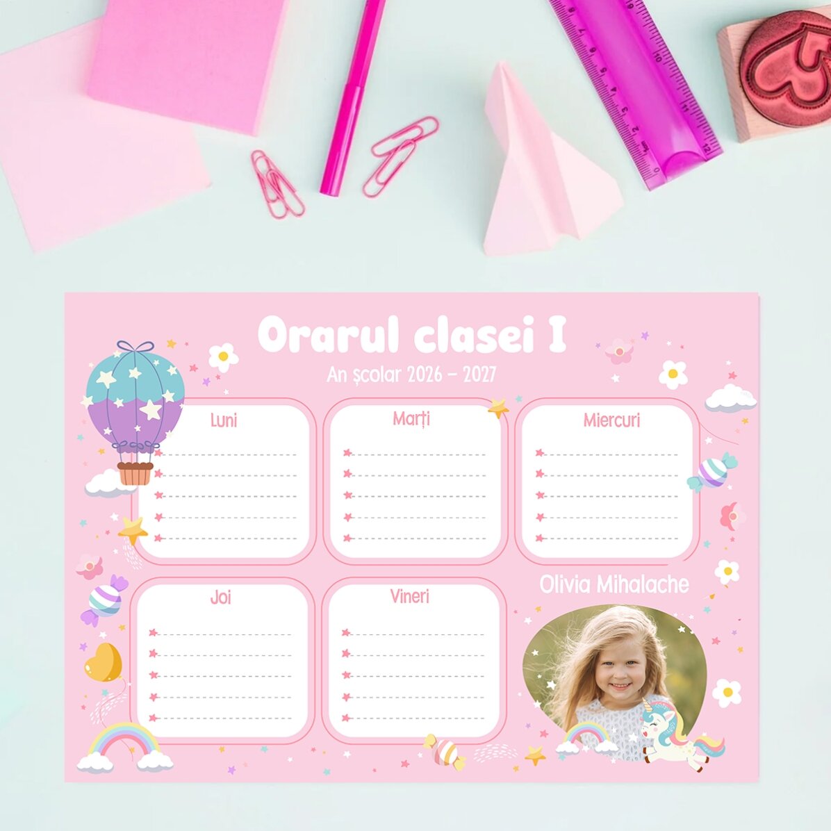 Personalised timetable with text and photo – Sweets and unicorns
