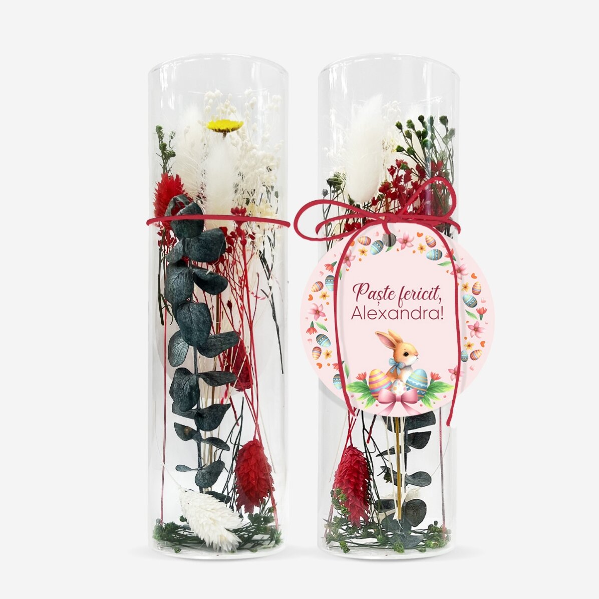 Ornament din sticlă cu flori prezervate personalizat cu text - Iepuraș de Paște