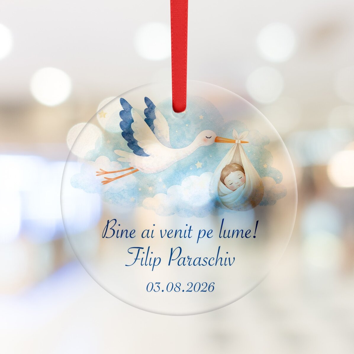 Personalised round ornament with text – Welcome to the world