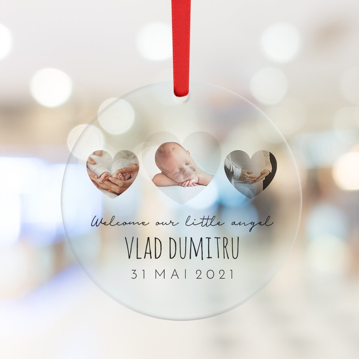 Ornament rotund personalizat cu text și poză - Newborn