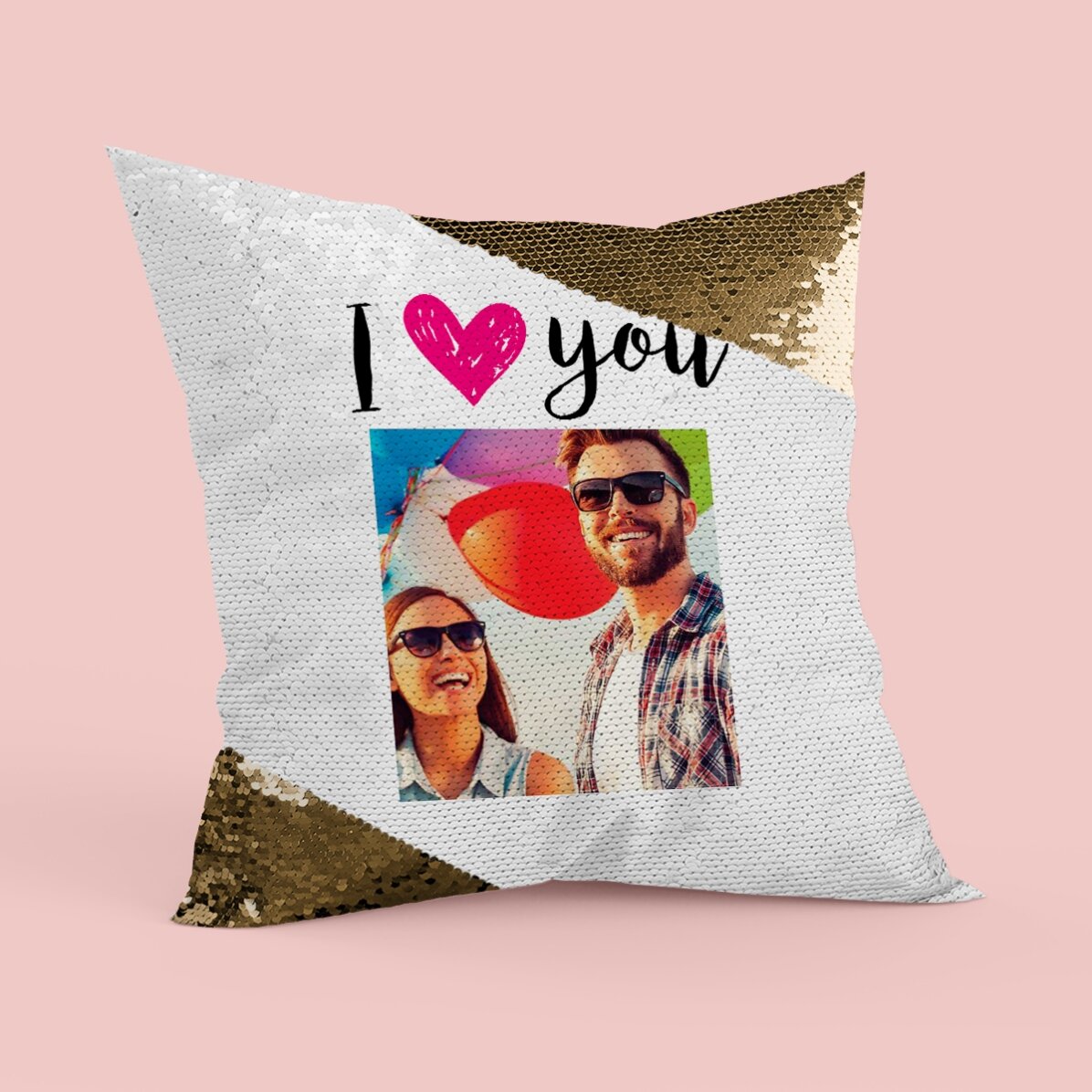 Pernă cu paiete personalizată cu poză - I love you