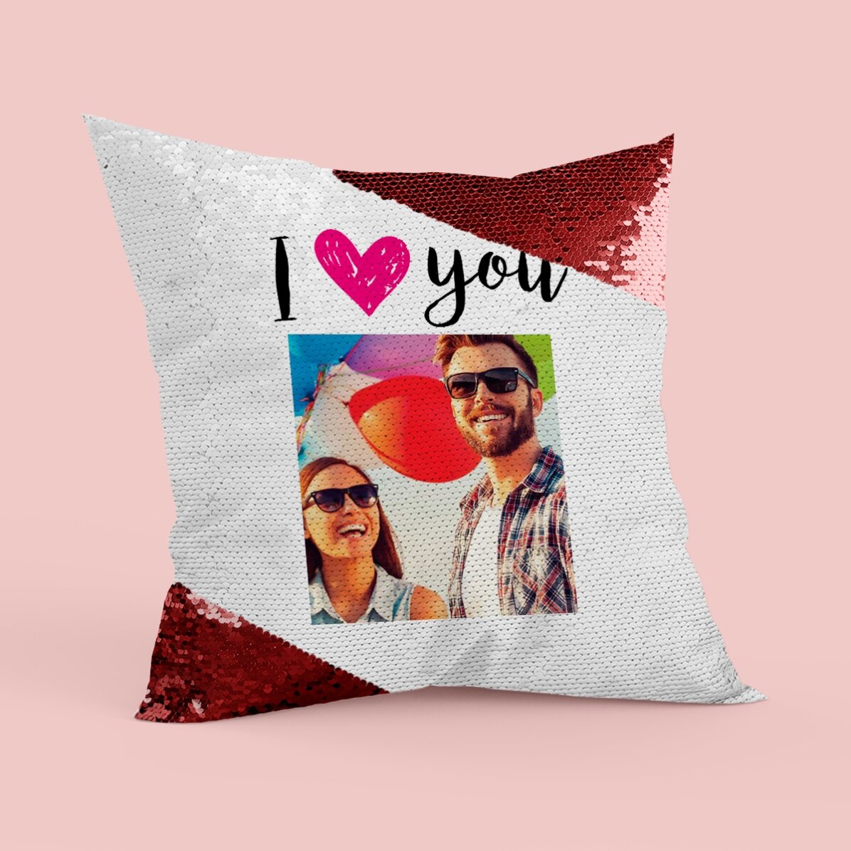 Pernă cu paiete personalizată cu poză - I love you