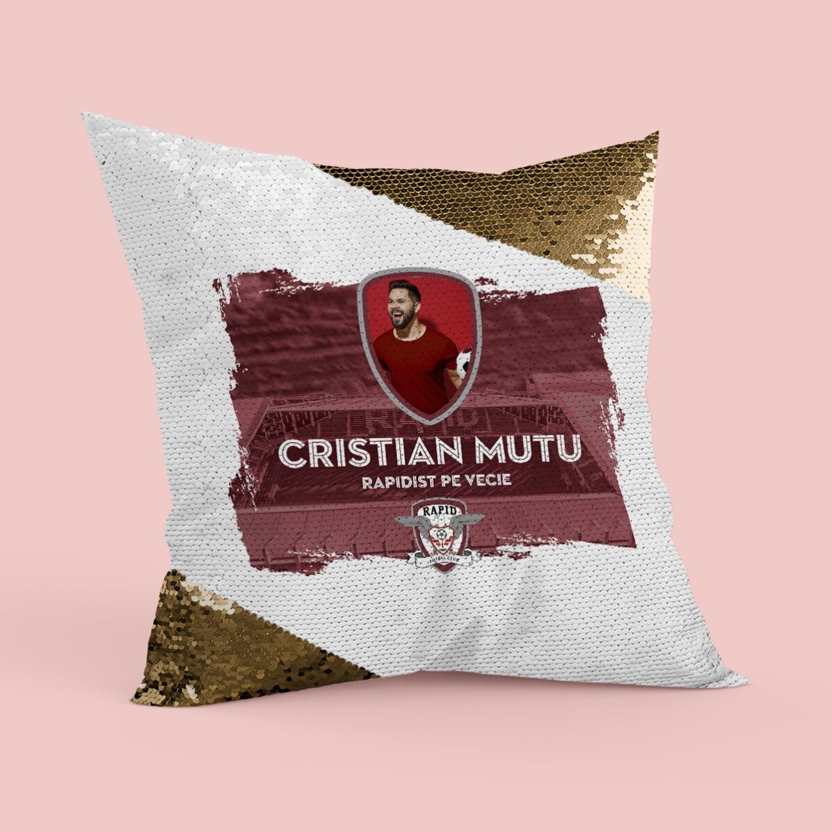 Pernă FC Rapid 1923 personalizată cu nume și poză - Rapidist pe vecie - Paiete aurii