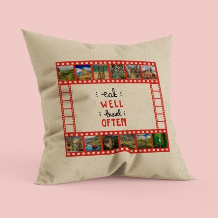 Pernă personalizată cu 12 poze - Eat well, travel often - In