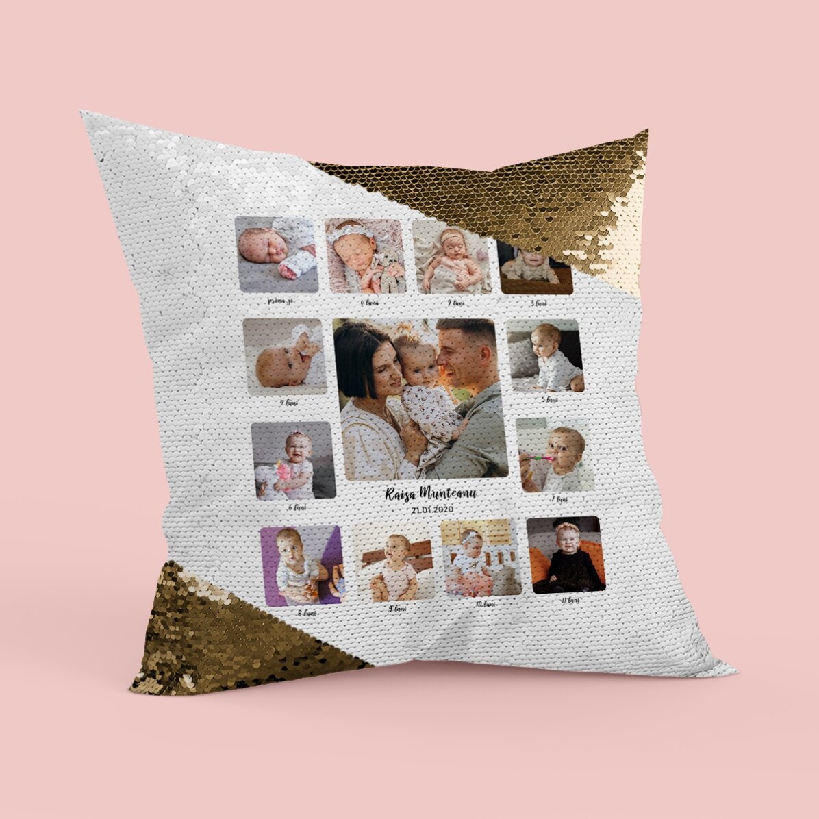 Pernă personalizată cu 13 poze și text - Primul meu an - Paiete aurii