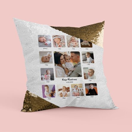 Pernă personalizată cu 13 poze și text - Primul meu an - Paiete aurii