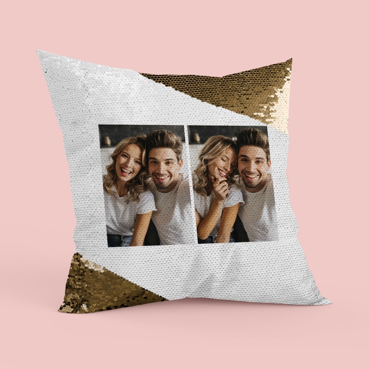 Pernă personalizată cu 2 poze portret - Paiete aurii