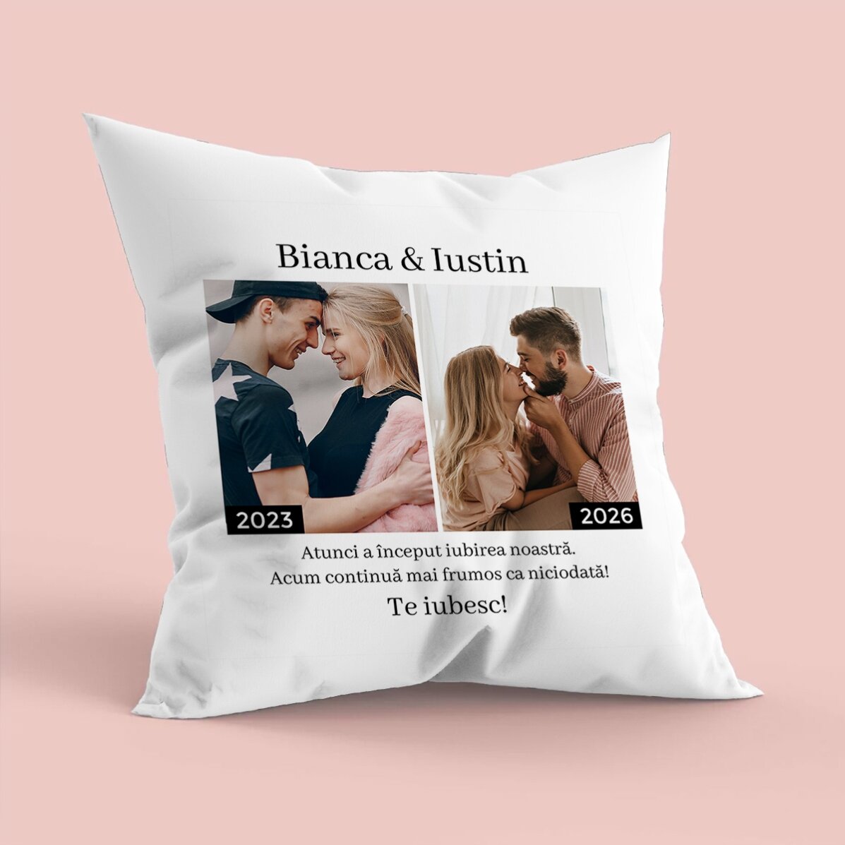 Personalised cushion with 2 photos and text – Then and now