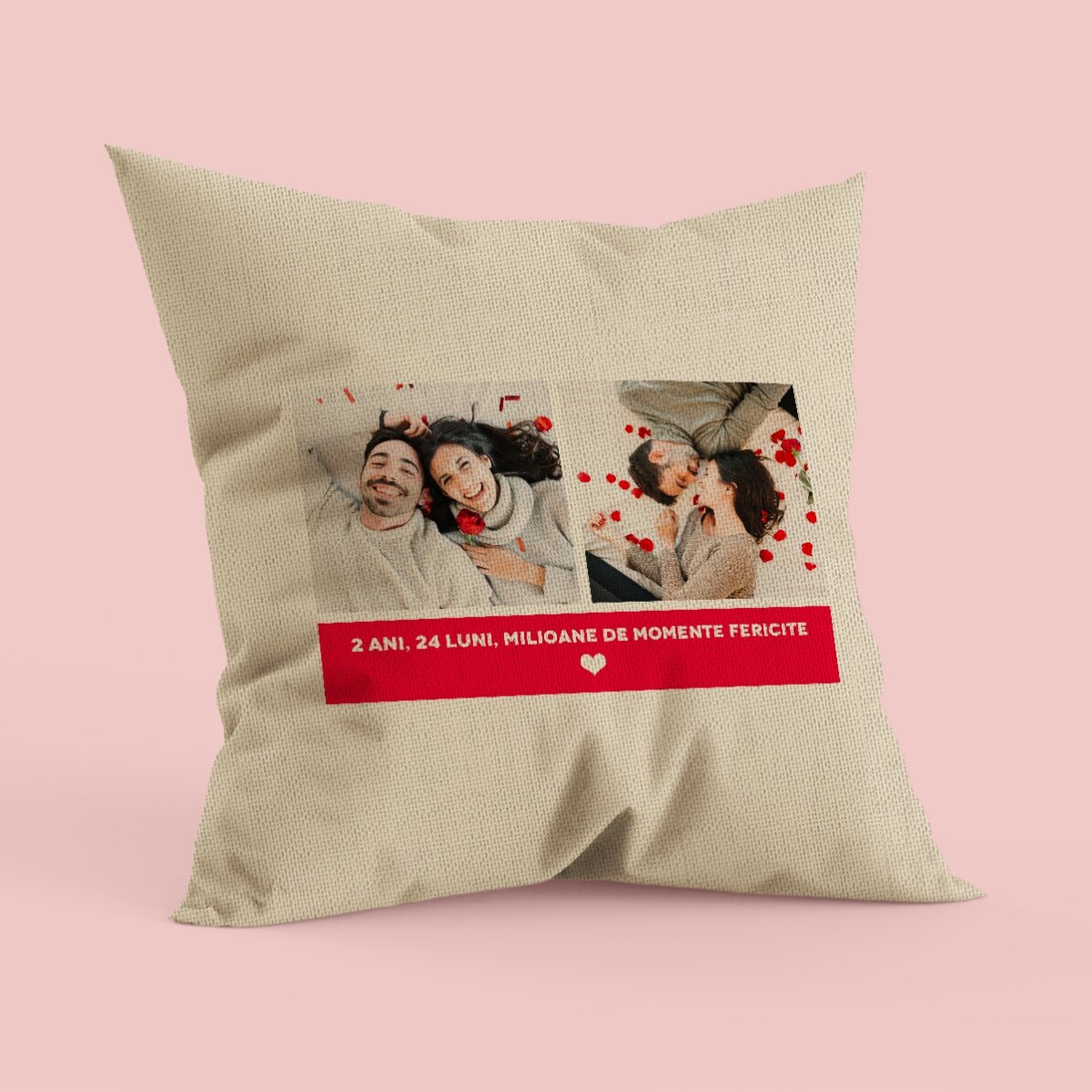 Pernă personalizată cu 2 poze și text - In