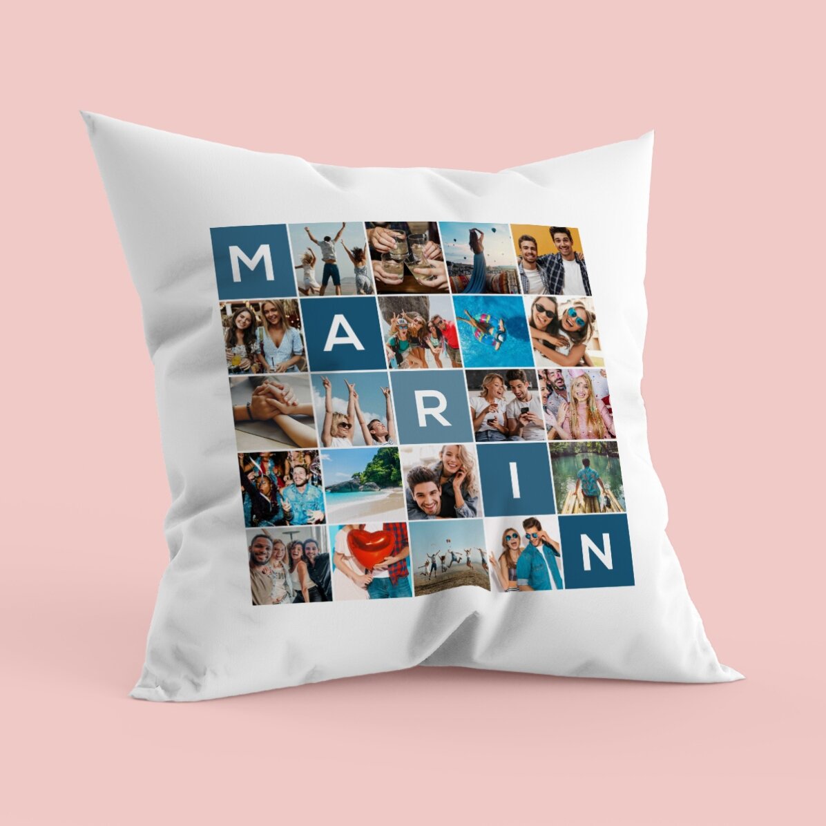 Pernă personalizată cu 20 poze și nume din 5 litere