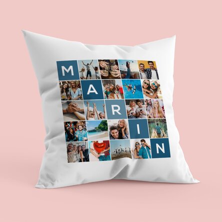 Pernă personalizată cu 20 poze și nume din 5 litere