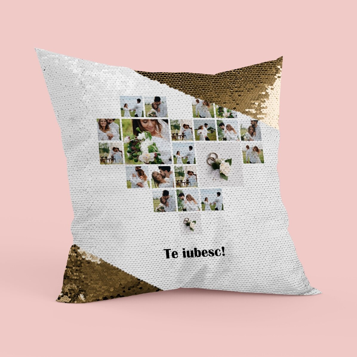 Pernă personalizată cu 21 de poze în formă de inimă și text - Paiete aurii