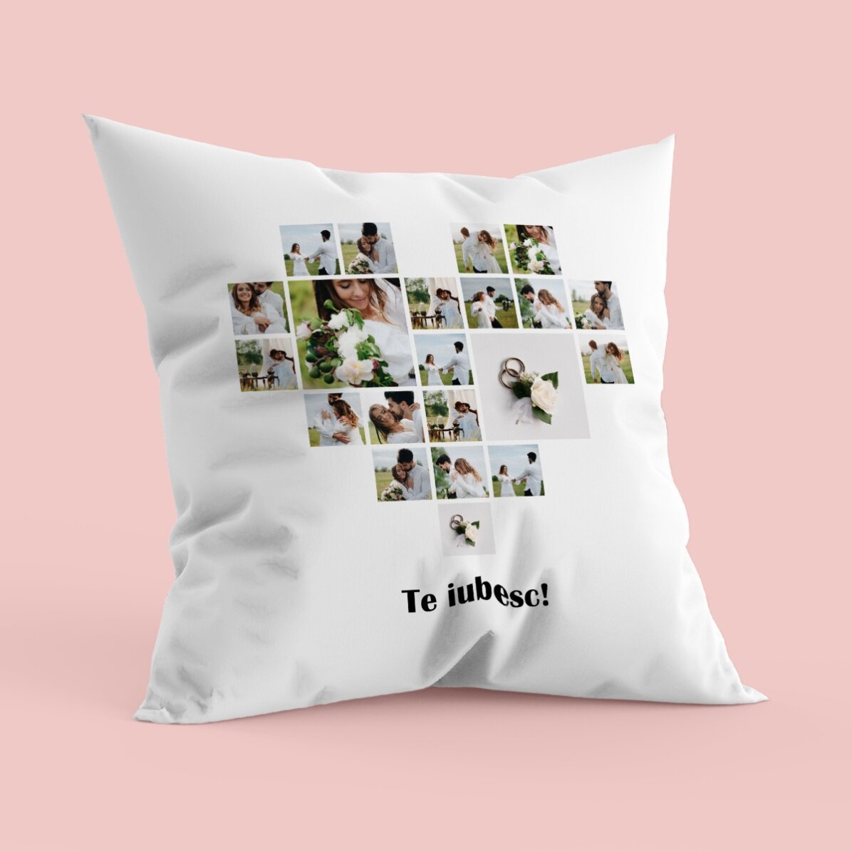 Pernă personalizată cu 21 de poze în formă de inimă și text