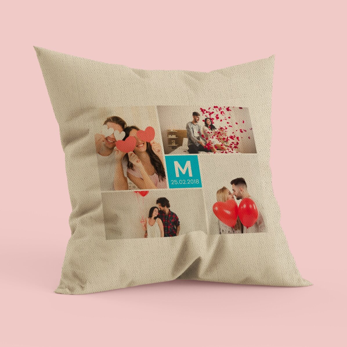 Pernă personalizată cu 4 poze și o inițială - In