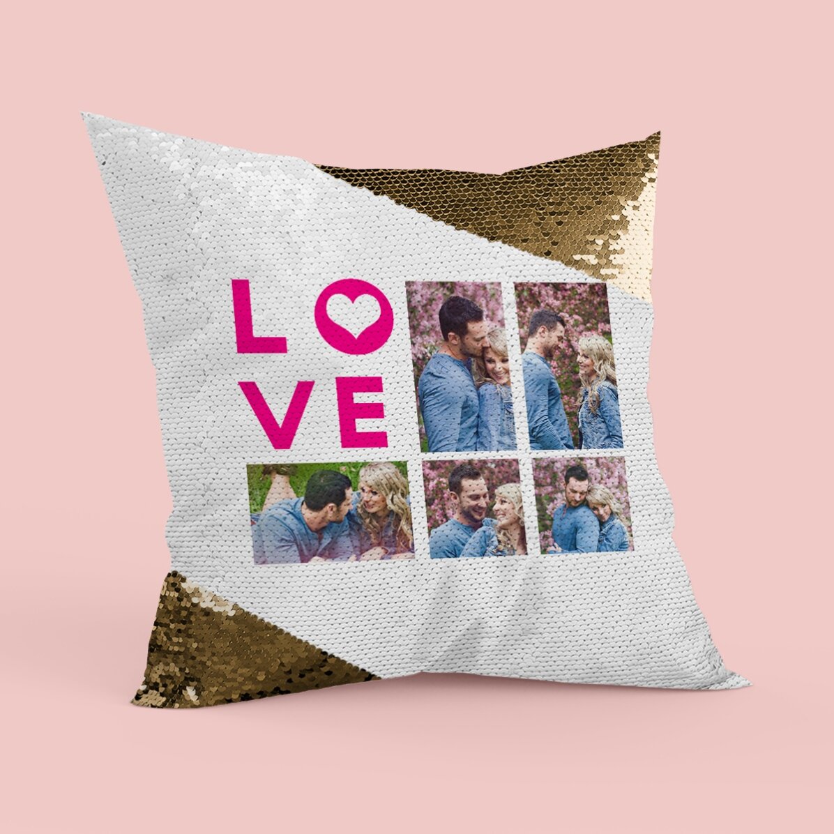 Pernă personalizată cu 5 poze - model love - Paiete aurii
