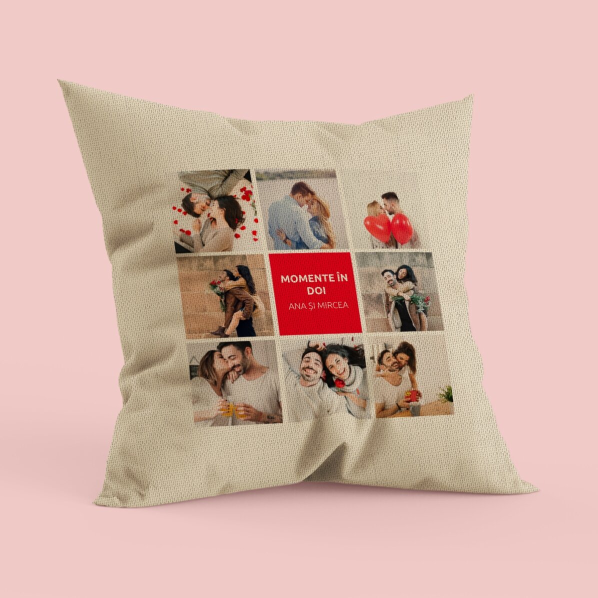 Pernă personalizată cu 8 poze și text - In