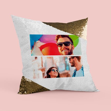 Pernă personalizată cu două poze Paiete aurii