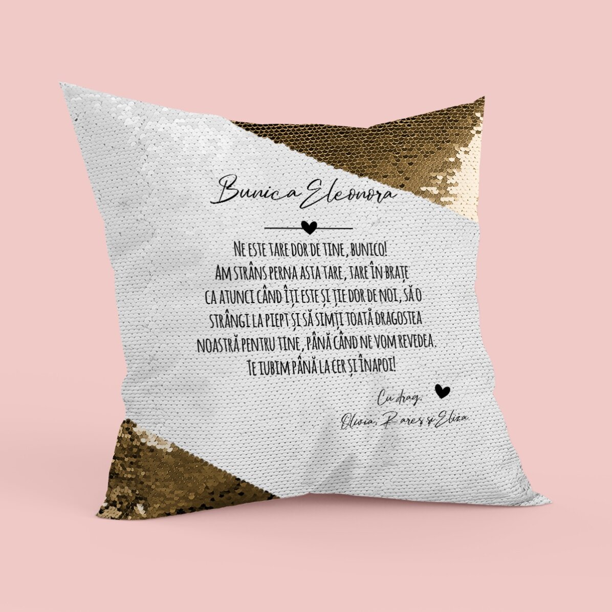 Pernă personalizată cu mesaj pentru cei dragi - Paiete aurii