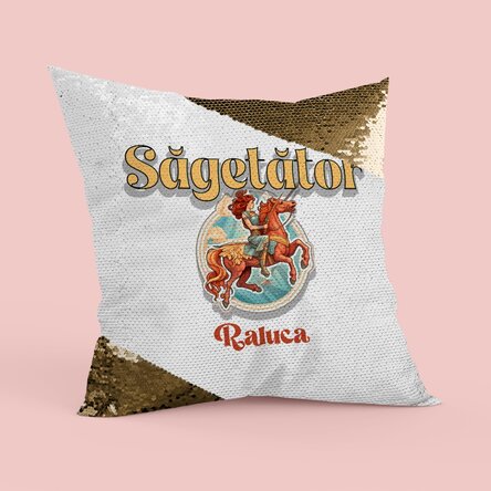 Pernă personalizată cu nume și zodie - Săgetător paiete aurii