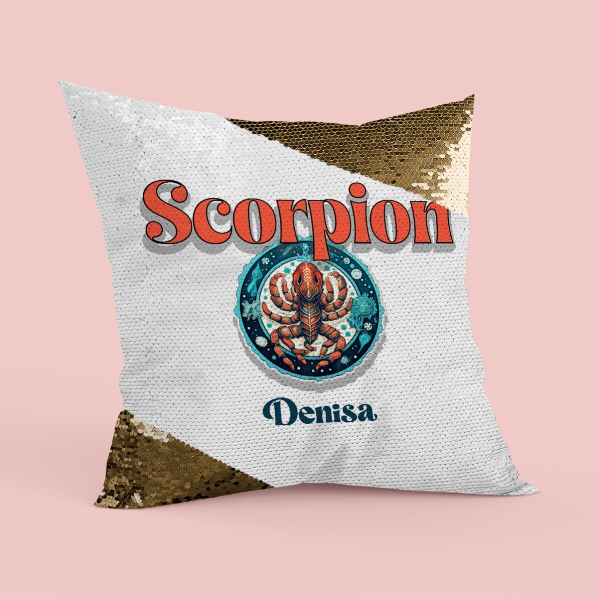 Pernă personalizată cu nume și zodie - Scorpion paiete aurii
