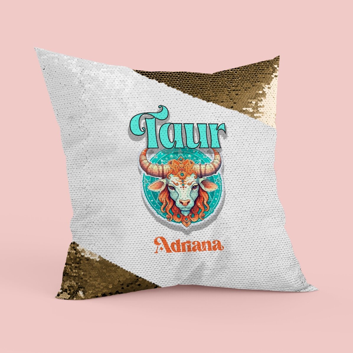 Pernă personalizată cu nume și zodie - Taur paiete aurii