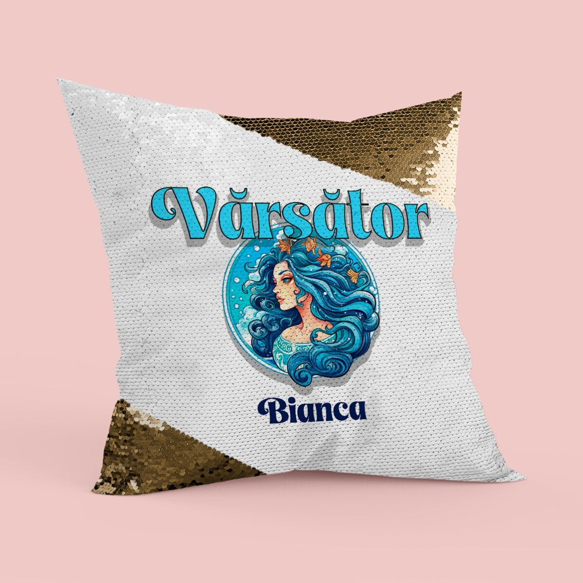 Pernă personalizată cu nume și zodie - Vărsător paiete aurii