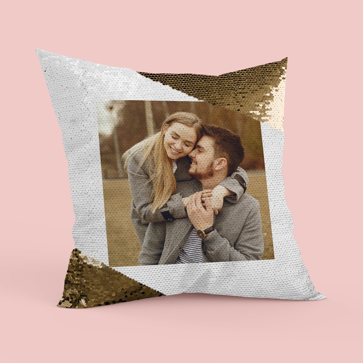 Pernă personalizată cu o poză pătrată - Paiete aurii
