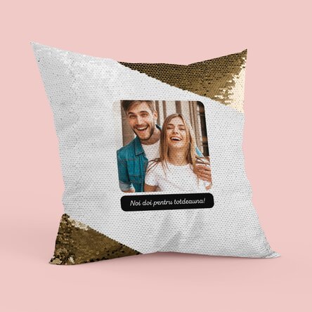 Pernă personalizată cu o poză pătrată și text - Pentru totdeauna - Paiete aurii