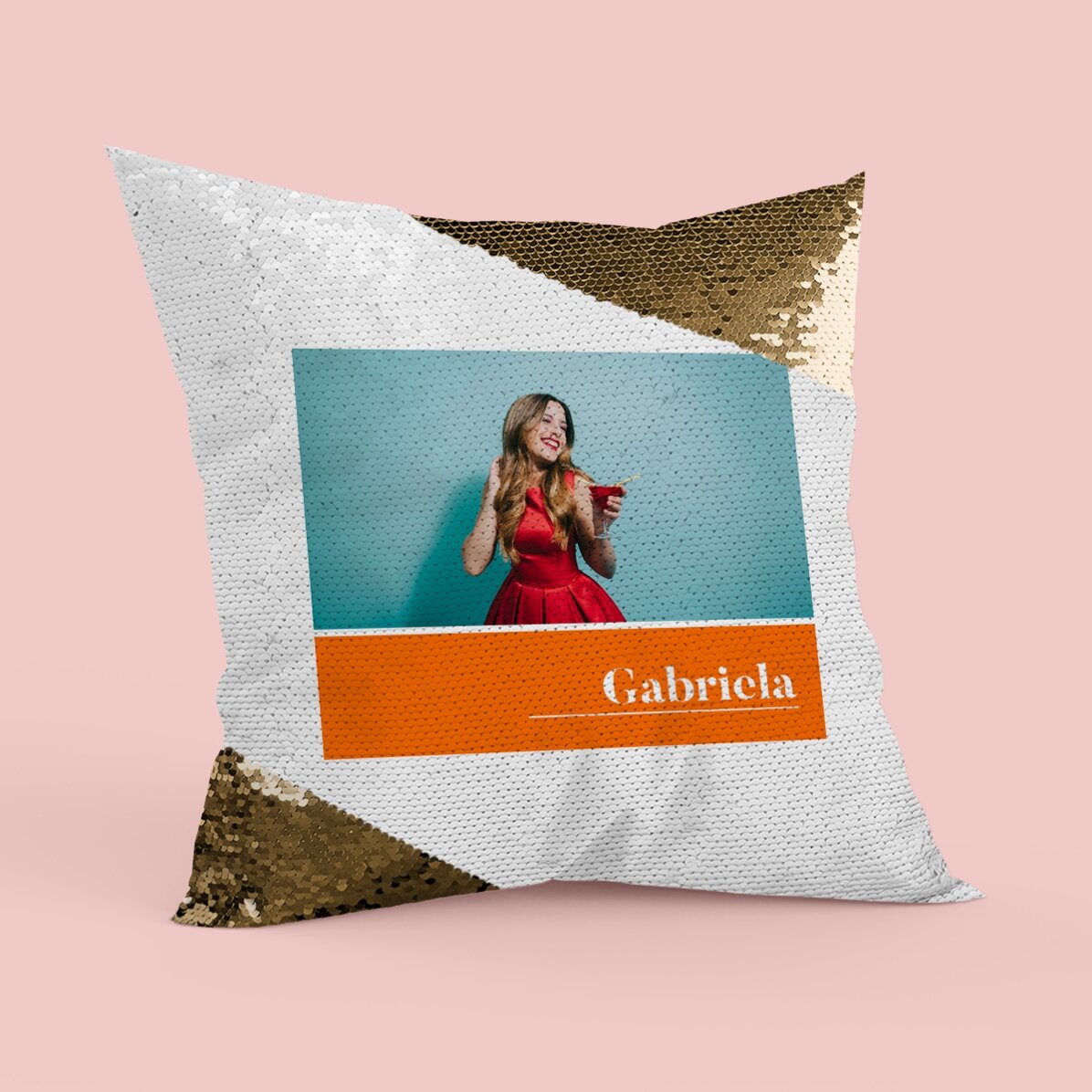 Pernă personalizată cu o poză și numele tău - Paiete aurii