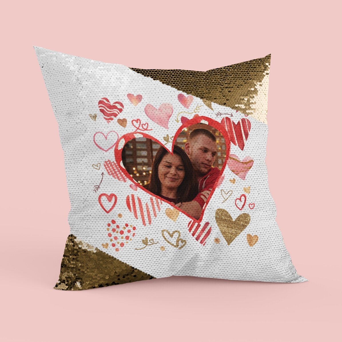 Pernă personalizată cu poză - Inimioare - Paiete aurii