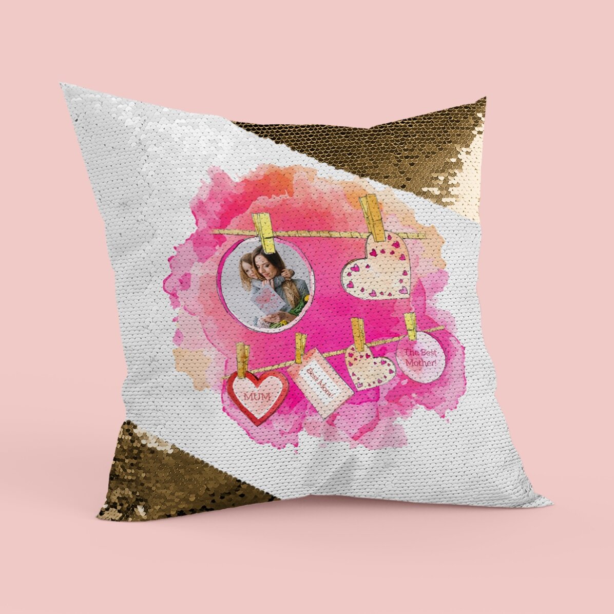 Pernă personalizată cu poză - Pentru mama - Paiete aurii