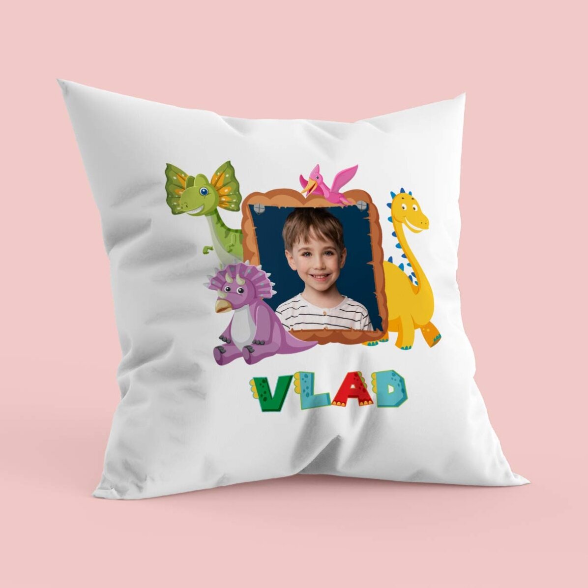 Pernă personalizată cu poză și nume - Dino