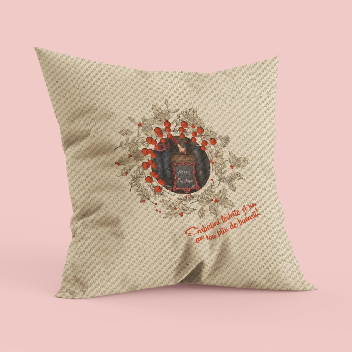 Pernă personalizată cu poză și text - model de Crăciun - In