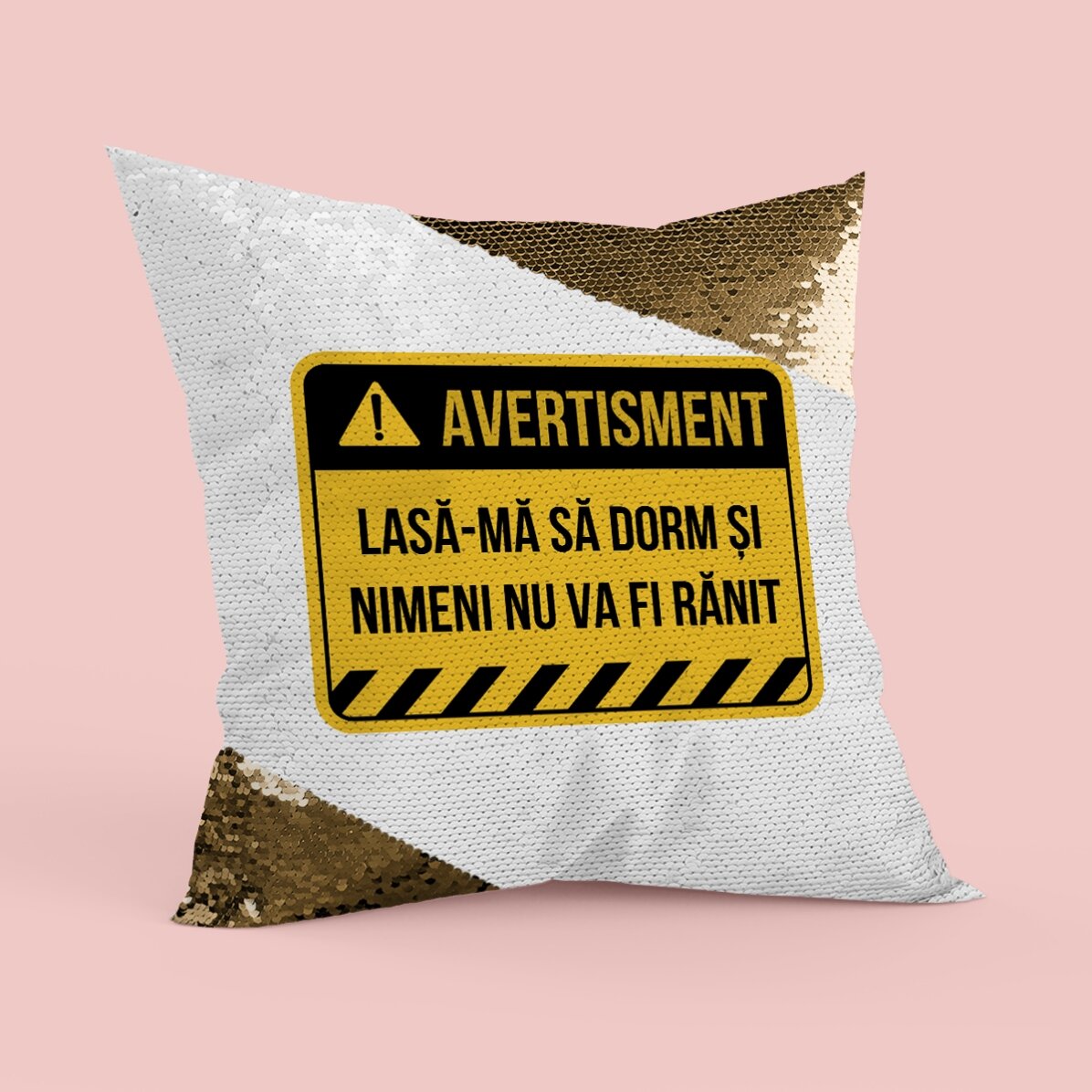 Pernă personalizată cu text - Avertisment - Paiete aurii