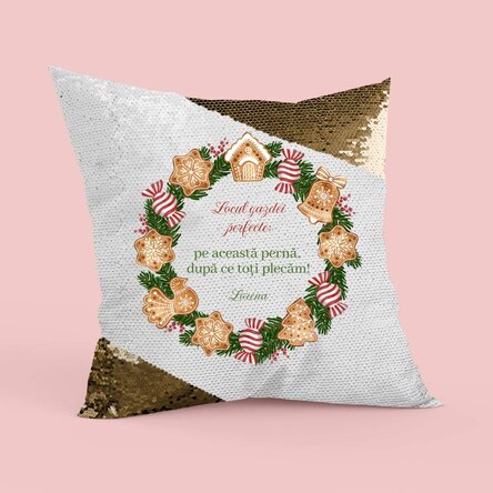 Pernă personalizată cu text - Gazda perfectă, paiete aurii