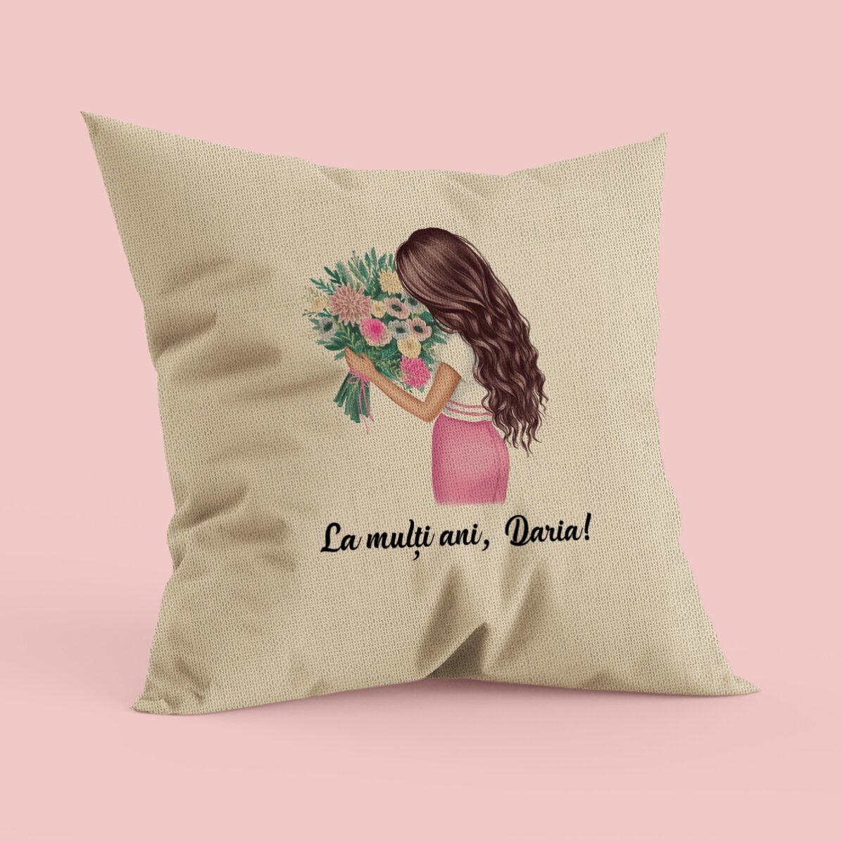 Pernă personalizată cu text - Girl with flowers - In