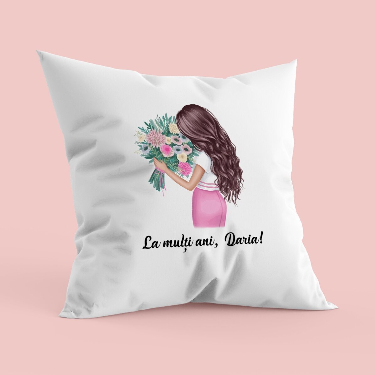 Pernă personalizată cu text - Girl with flowers