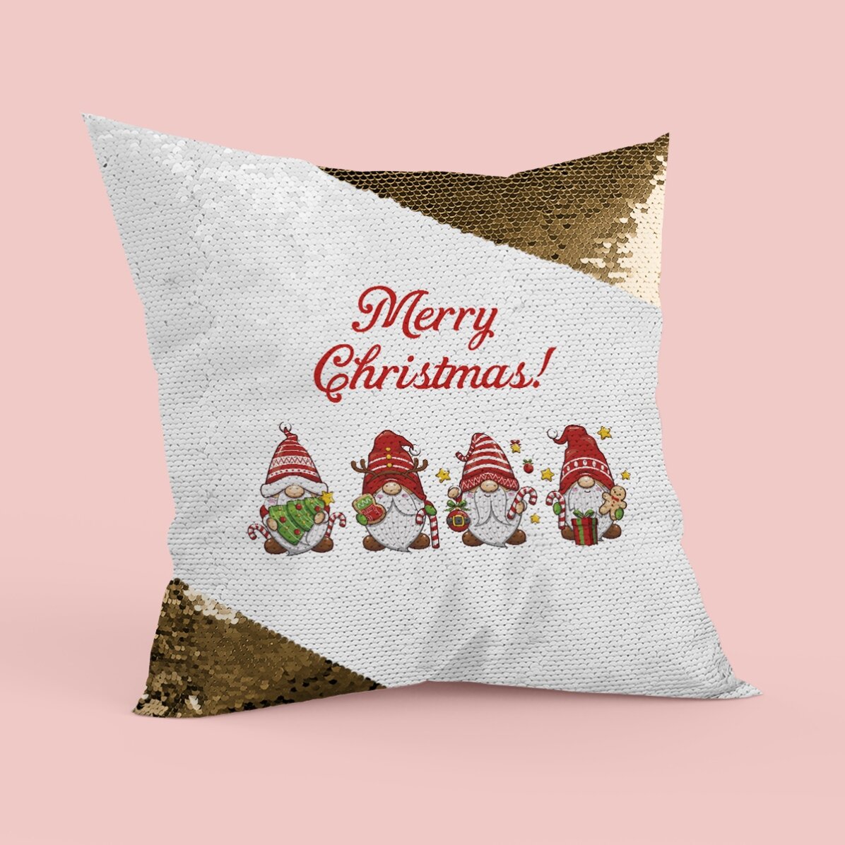 Pernă personalizată cu text - Gnomi de Crăciun Paiete aurii