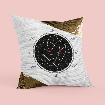 Pernă personalizată cu text - Love Constellation - Paiete aurii