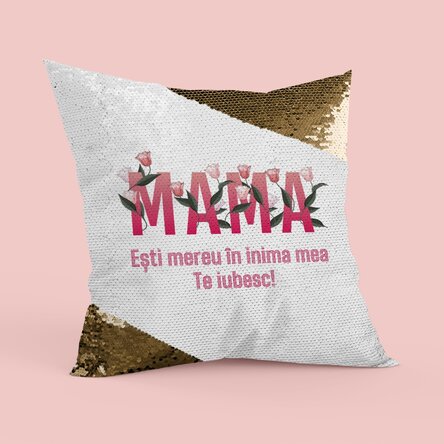 Pernă personalizată cu text - Mamă dragă - Paiete aurii