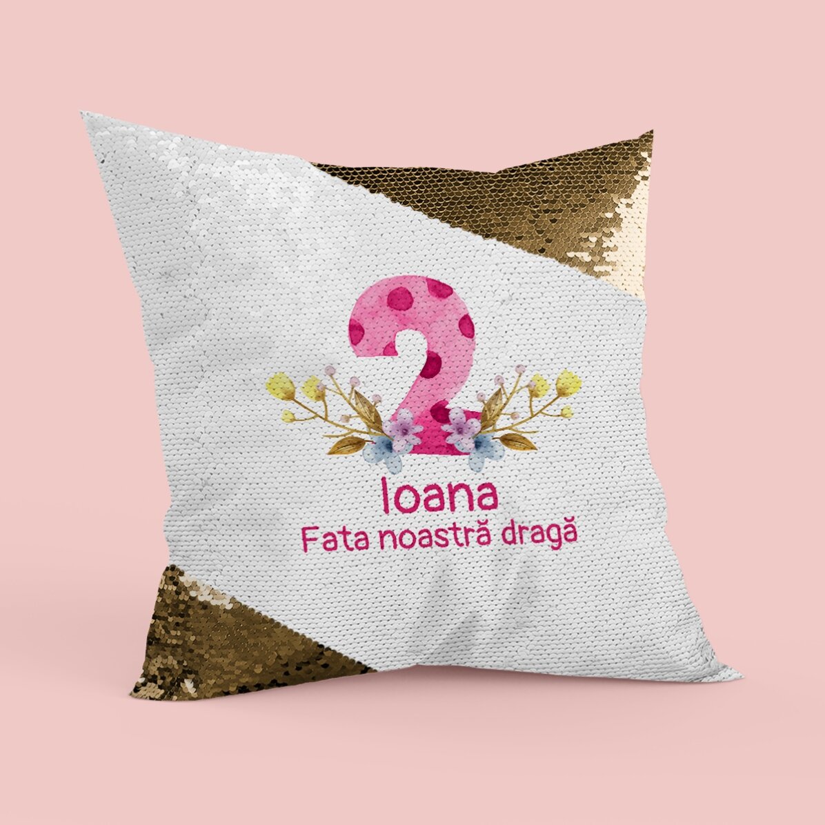 Pernă personalizată cu text pentru copii - 2 ani Paiete aurii