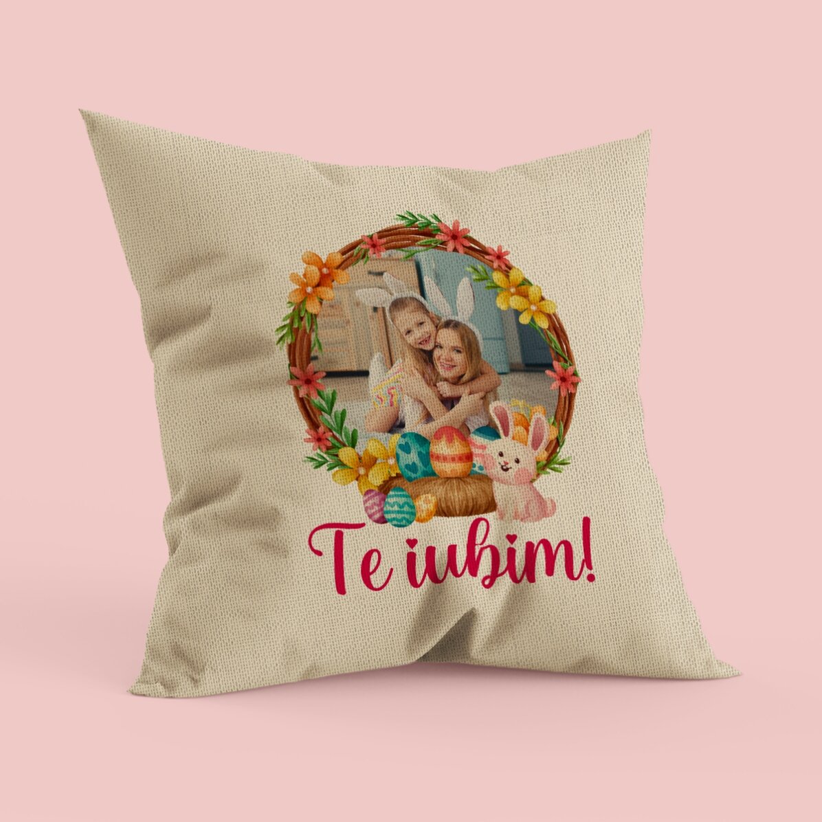 Pernă personalizată cu text și poză - Iepuraș - In