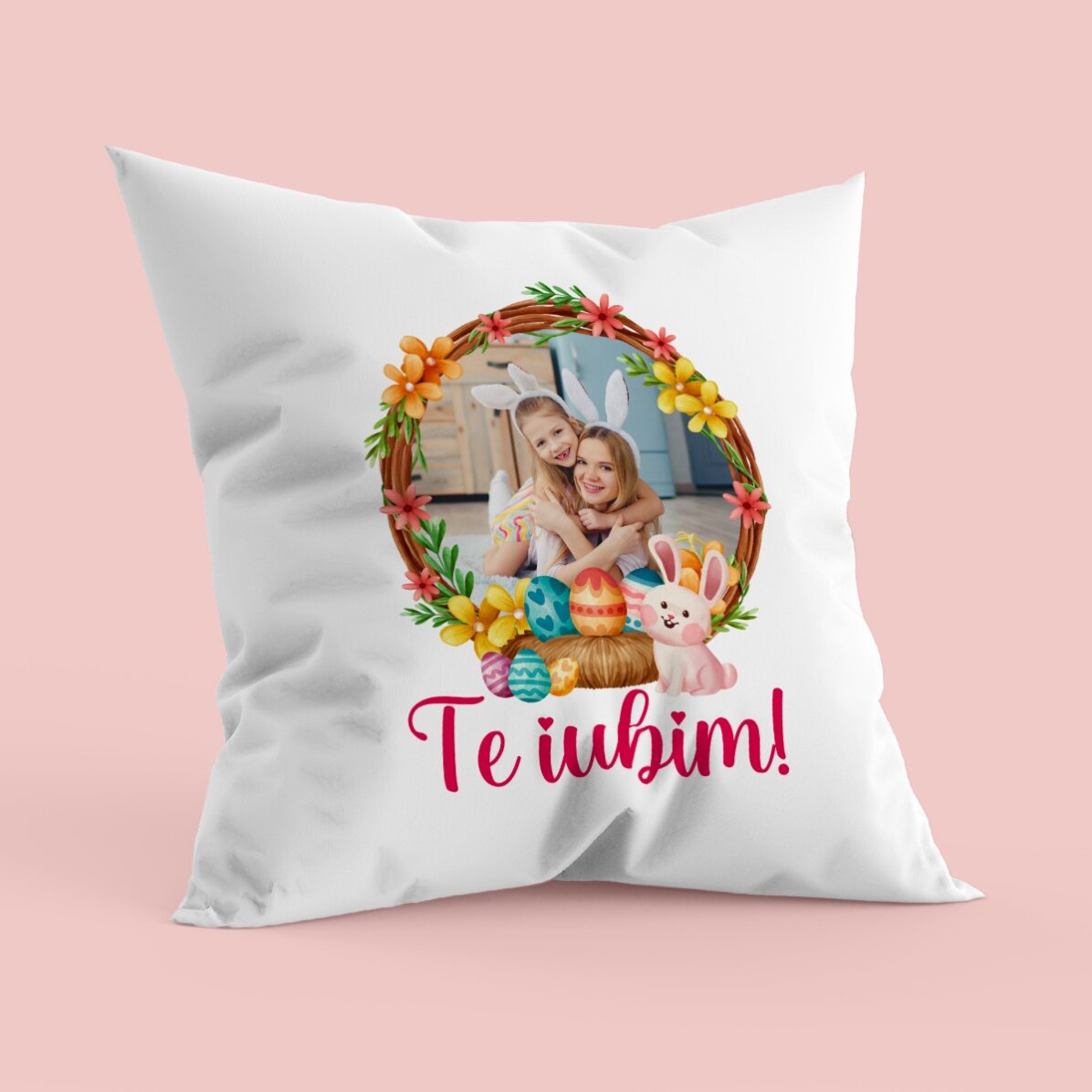 Pernă personalizată cu text și poză - Iepuraș
